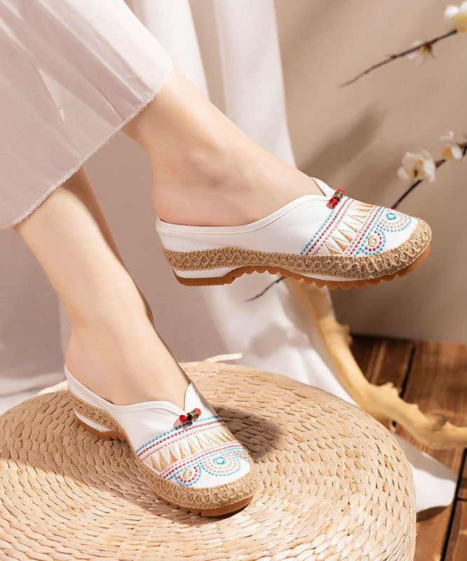 White Embroidered Slide Sandals Retro Splicing Linen Fabric