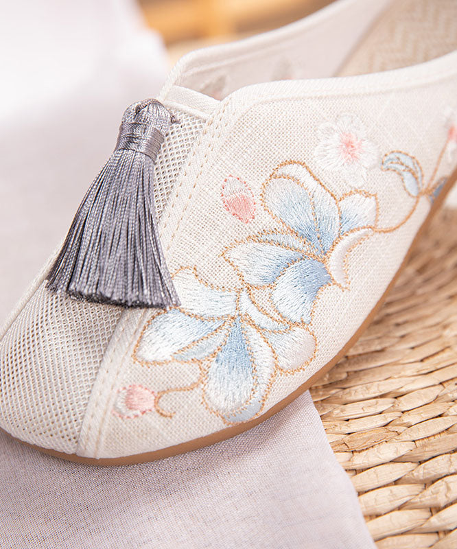 White Flat Slide Sandals Linen Fabric Chic Embroidery Tassel