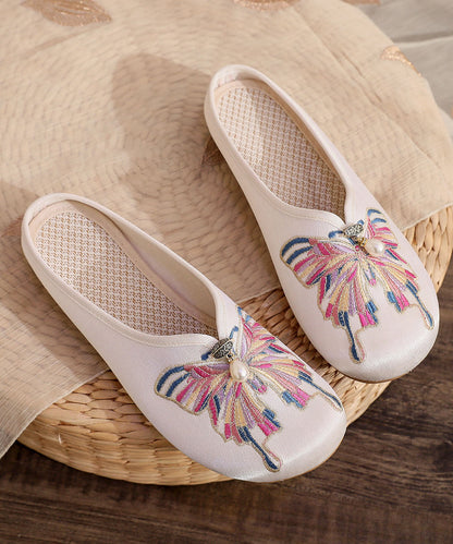 White Flat Slide Sandals Women Cotton Fabric Soft Splicing Embroidered