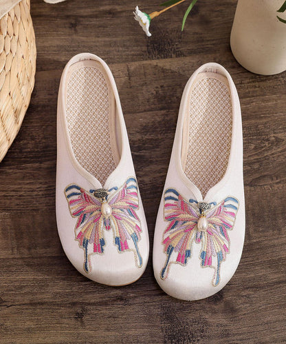 White Flat Slide Sandals Women Cotton Fabric Soft Splicing Embroidered