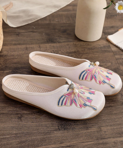 White Flat Slide Sandals Women Cotton Fabric Soft Splicing Embroidered