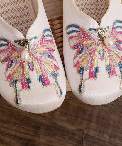 White Flat Slide Sandals Women Cotton Fabric Soft Splicing Embroidered