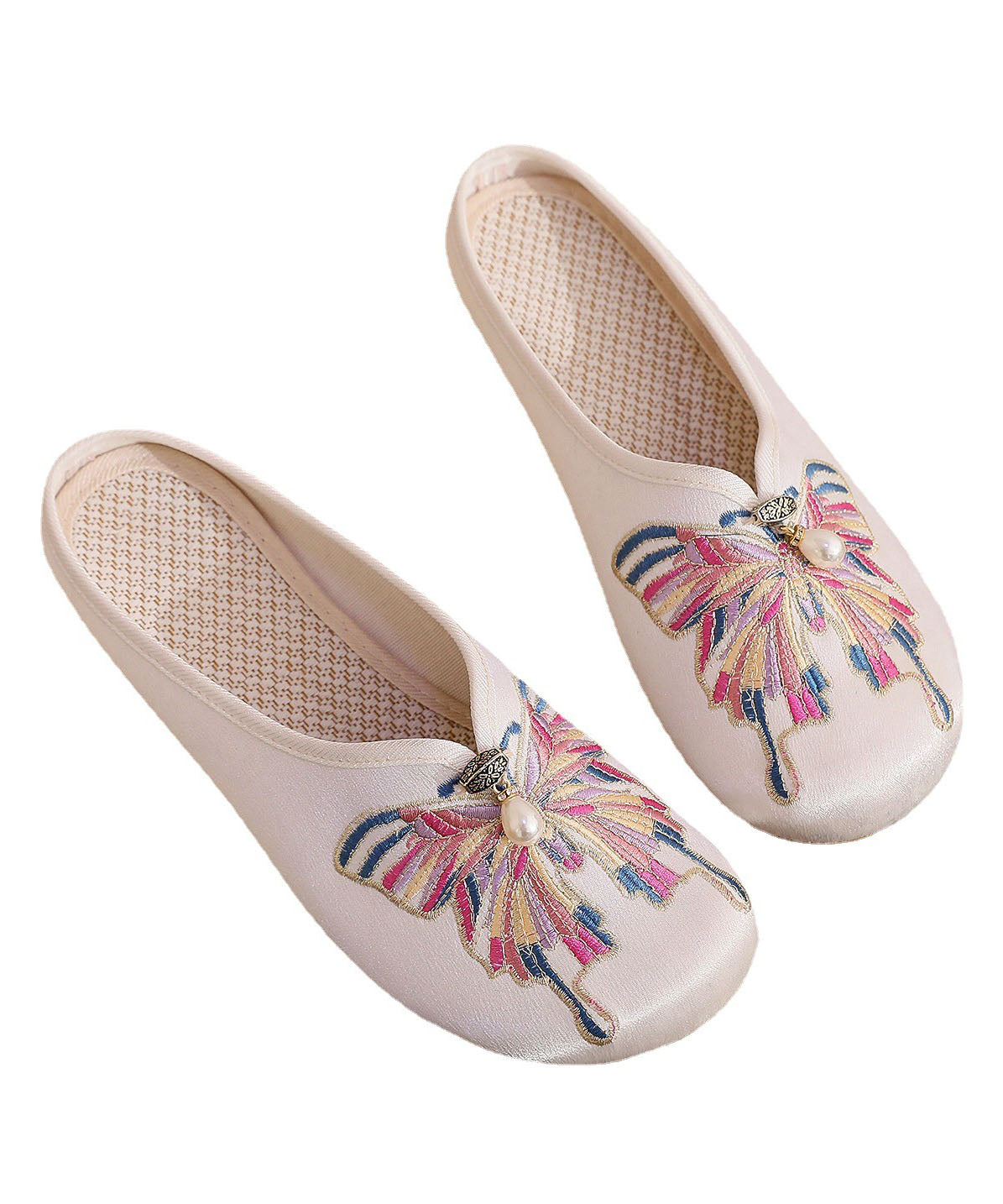 White Flat Slide Sandals Women Cotton Fabric Soft Splicing Embroidered