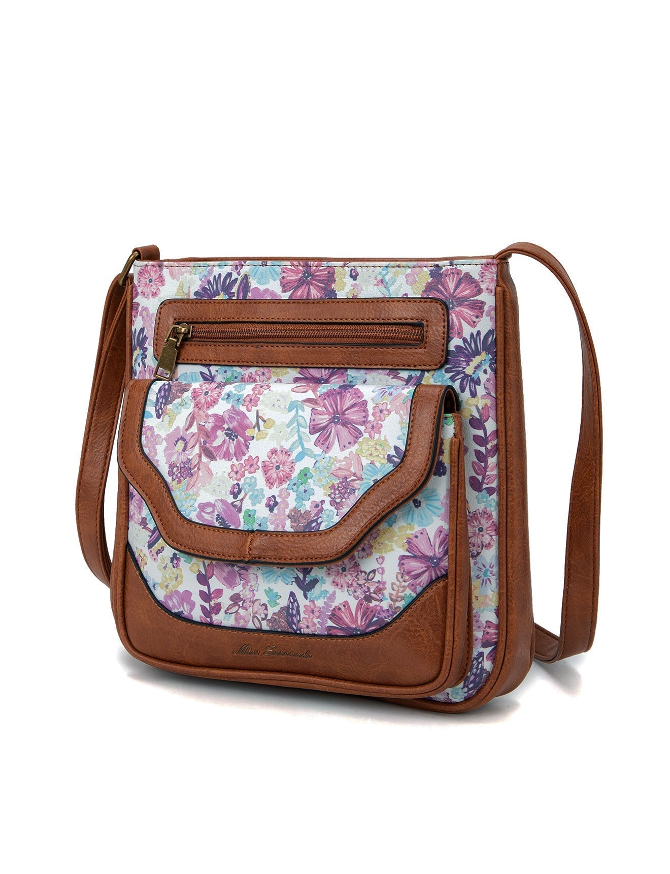 DIANA VEGAN FLORAL XBODY BAG- WHITE FLORAL/TAN- XB-2305-WHT-SALE