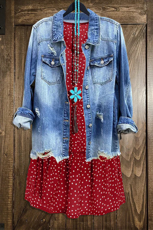 NEW | Casual Polka Dot Ruffled Dress with Denim Jacket