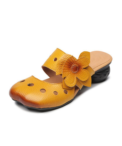 Yellow Splicing Floral Cowhide Leather Chunky Slide Sandals