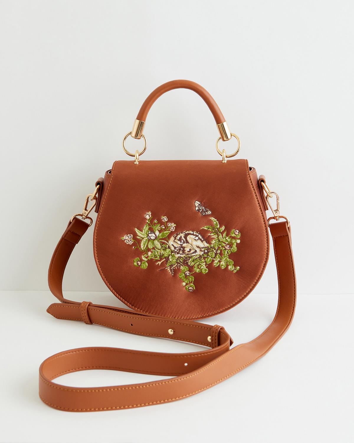 Sleepy Fawn Embroidered Satin Saddle Bag