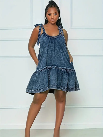 Bow Tie Shoulder Straps Denim Dress