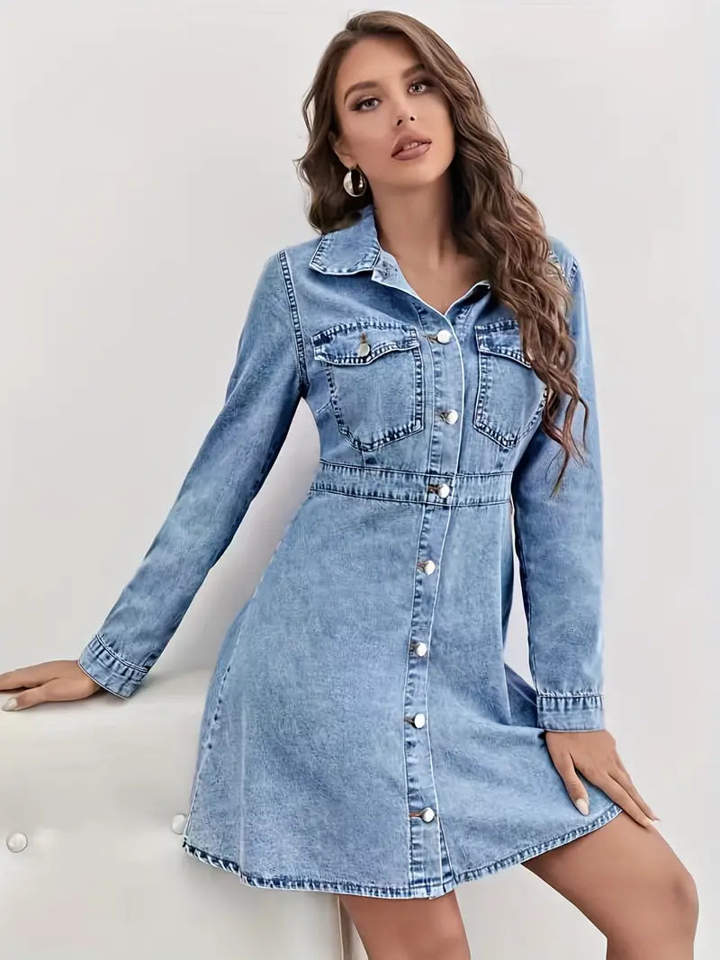 Blue Long Sleeves Denim Dress