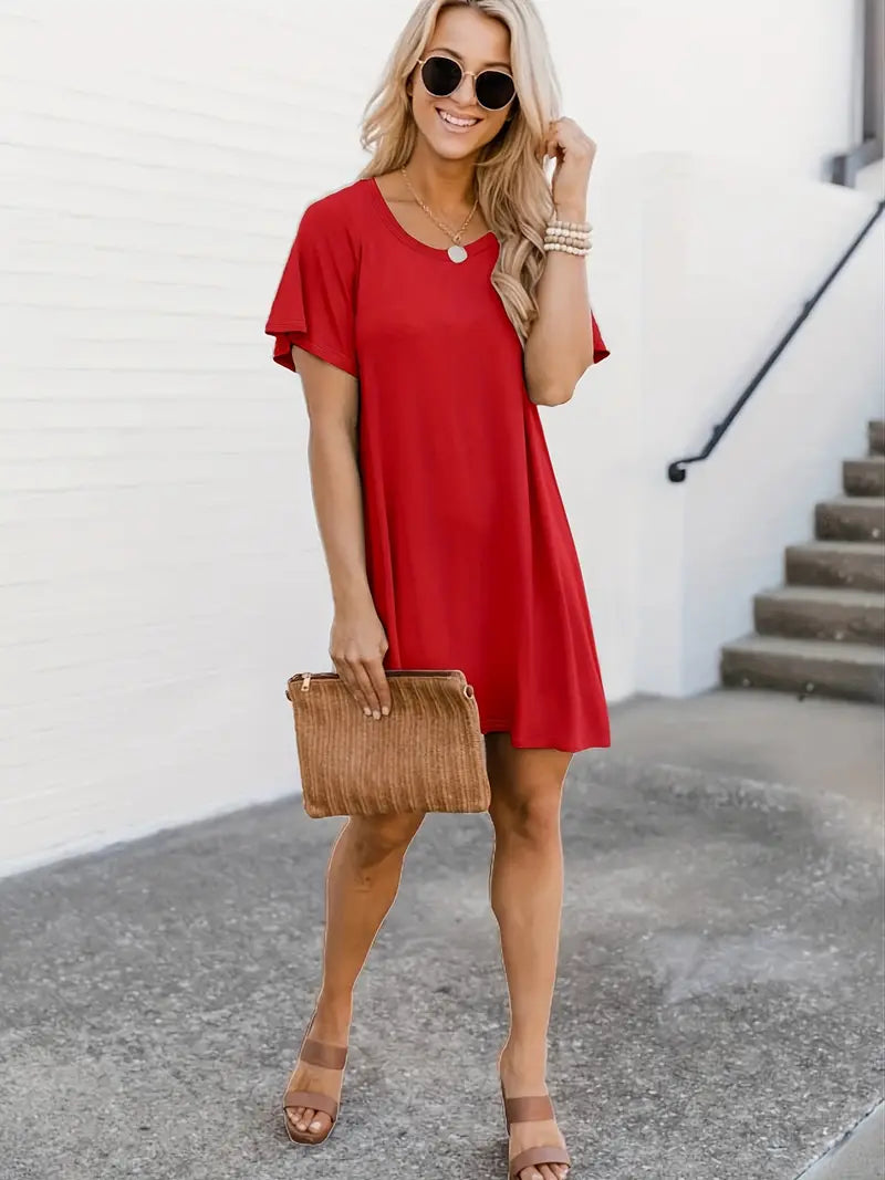 Solid Round Neck Short Sleeve Dress