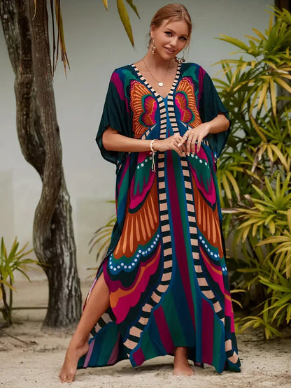 Butterfly Print Kaftan Cover Up Dress