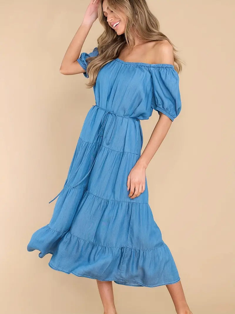 Blue Short Sleeves Denim Dress