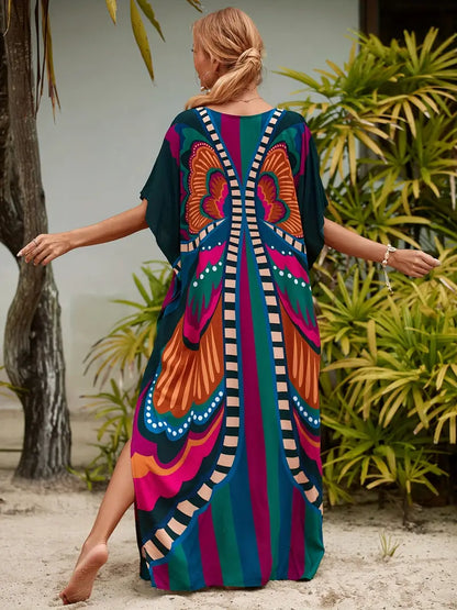 Butterfly Print Kaftan Cover Up Dress