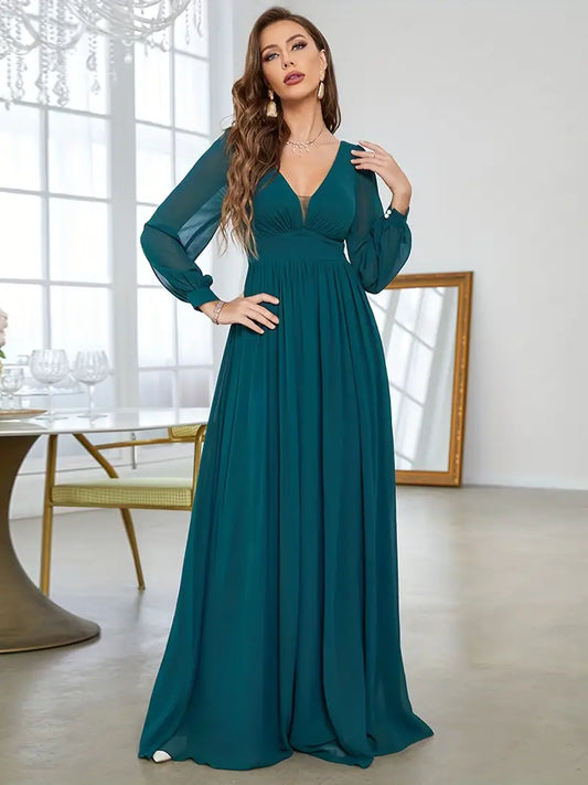 Solid V-neck Bridesmaid Dress