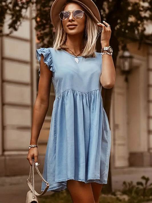 Sky Blue Ruffle Denim Dresses