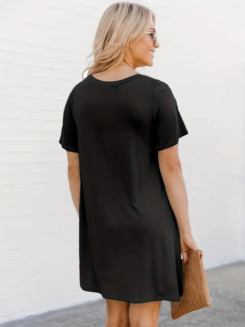 Solid Round Neck Short Sleeve Dress