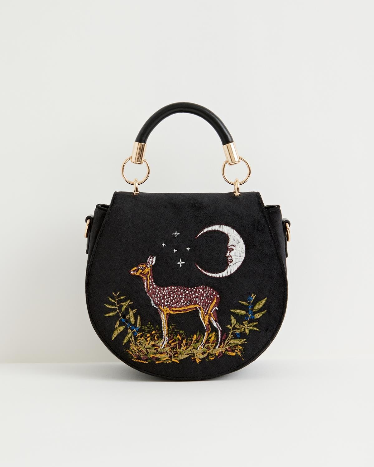 Deer & Moon Velvet Embroidered Saddle Bag - Black