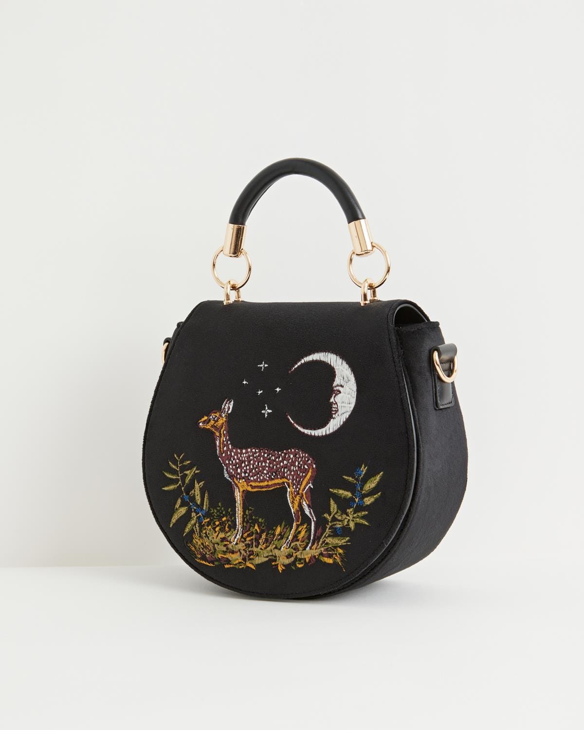 Deer & Moon Velvet Embroidered Saddle Bag - Black