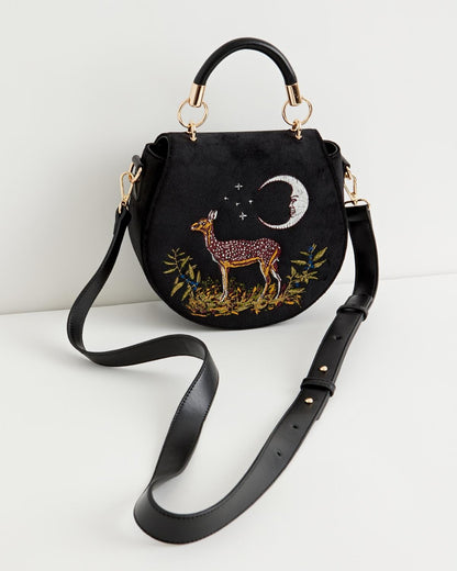 Deer & Moon Velvet Embroidered Saddle Bag - Black