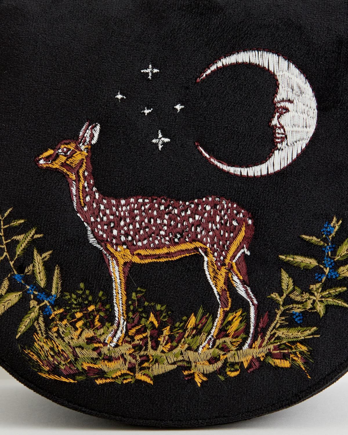 Deer & Moon Velvet Embroidered Saddle Bag - Black