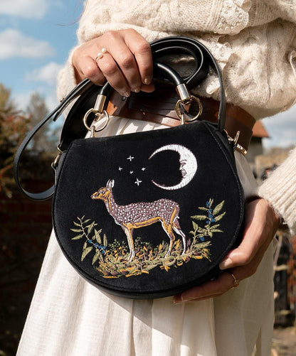 Deer & Moon Velvet Embroidered Saddle Bag - Black