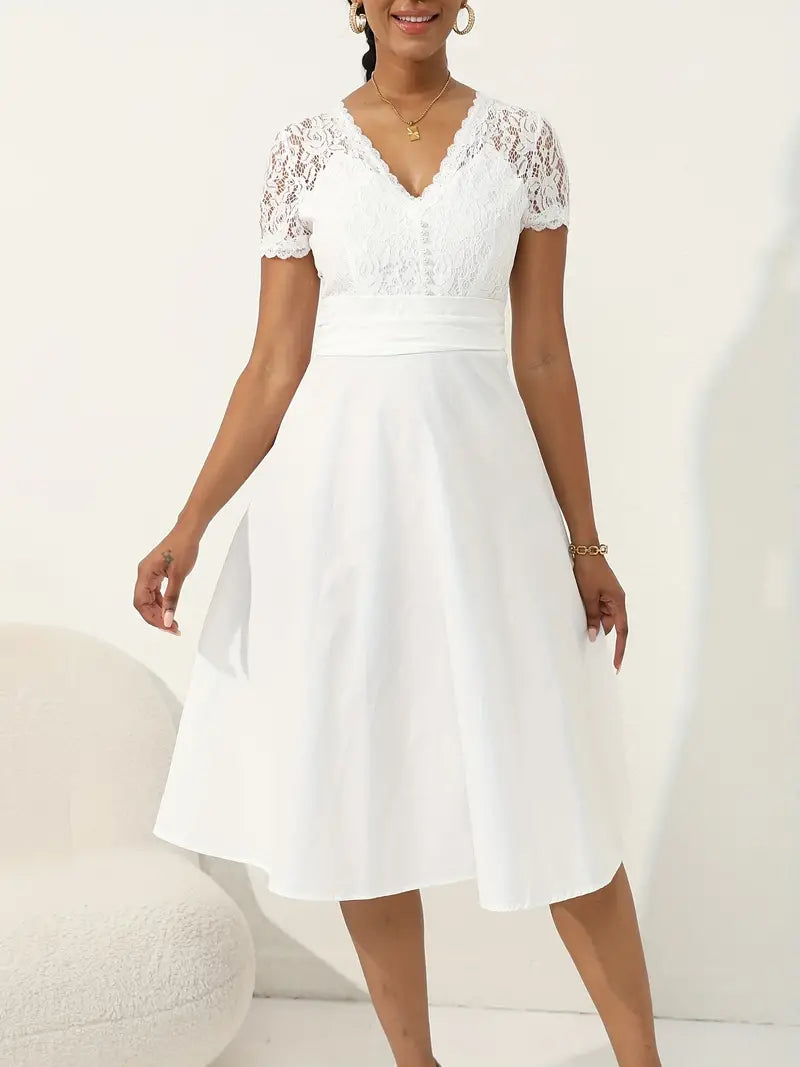 Lace V-neck Button Front Wedding Dress