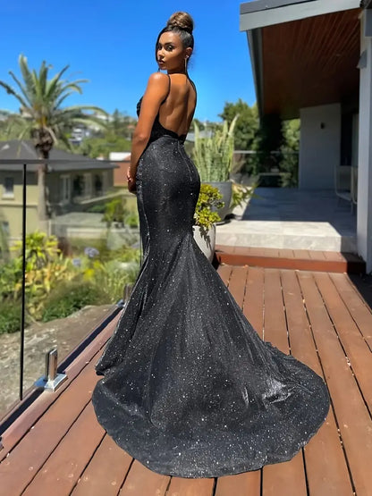 Glitter Sequin Slip Sleeveless Backless Maxi Dress