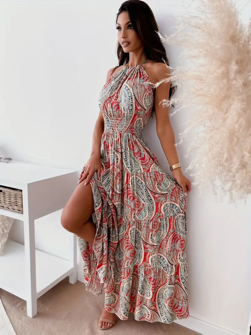 Boho Paisley Print Halter Neck Dress