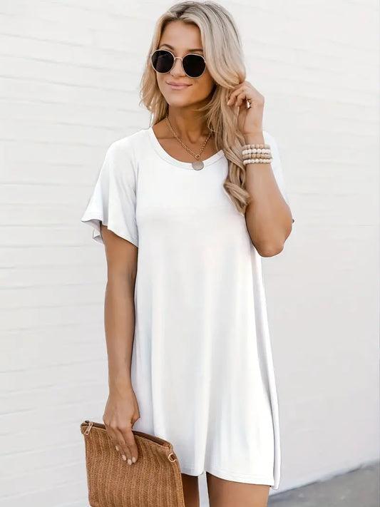 Solid Round Neck Short Sleeve Dress