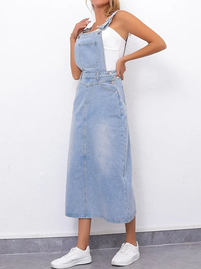 Split Back Pinafore Denim Dress With Slash Pockets