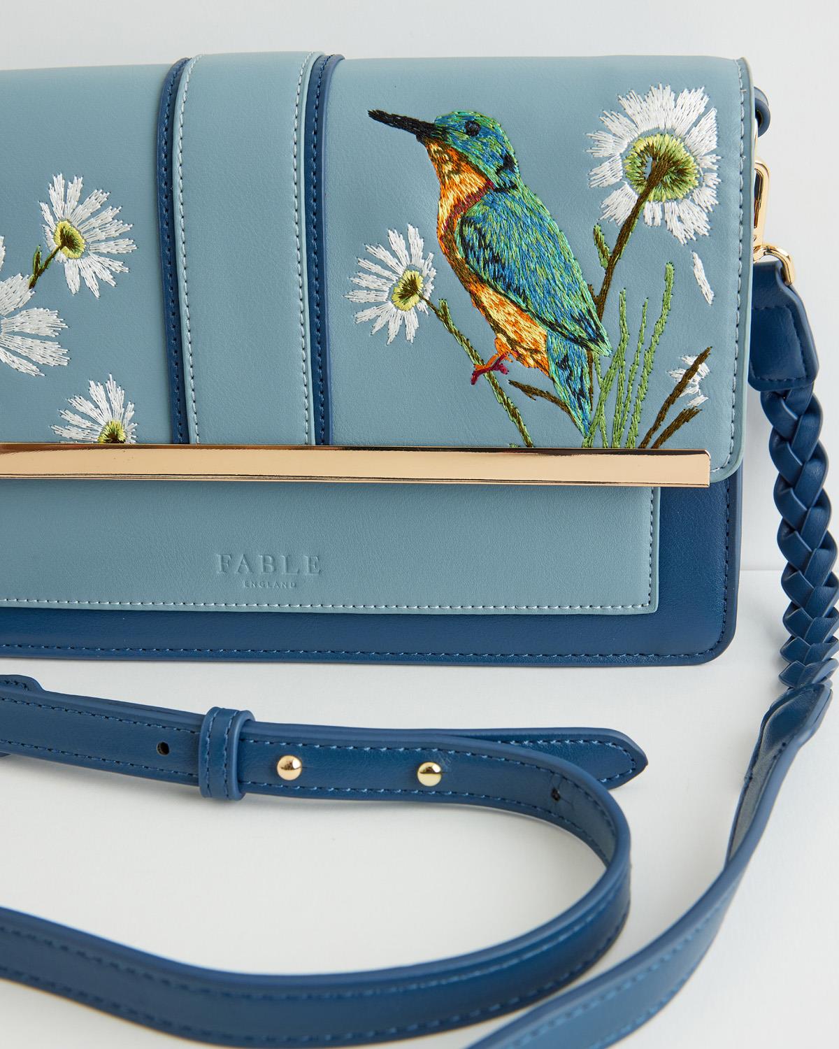 Embroidered Kingfisher Blue Cross Body Bag