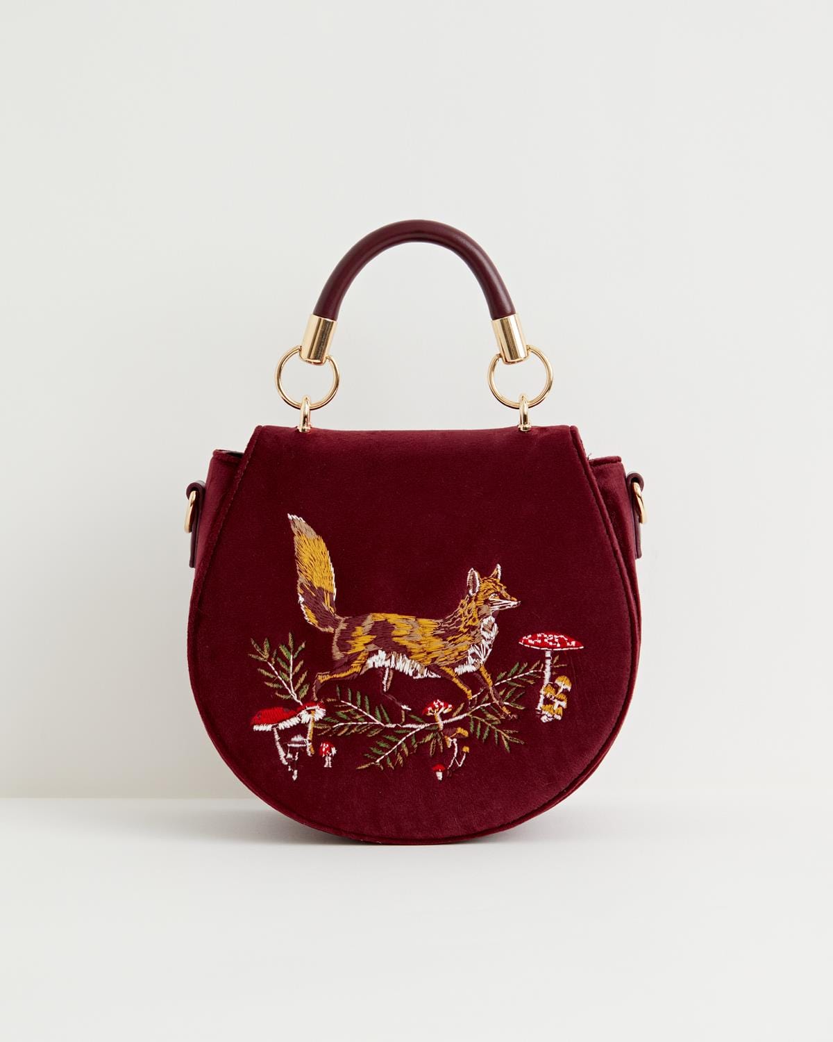 Fox & Mushroom Velvet Embroidered Saddle Bag - Redcurrant