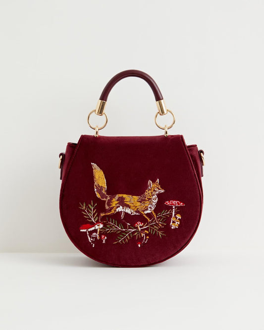 Fox & Mushroom Velvet Embroidered Saddle Bag - Redcurrant