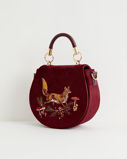 Fox & Mushroom Velvet Embroidered Saddle Bag - Redcurrant