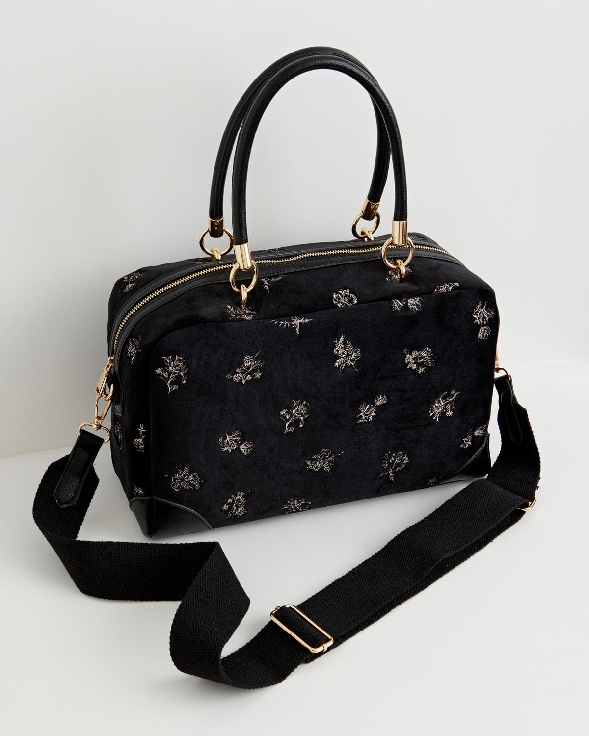 Hepsie Velvet Embroidered Bag - Black