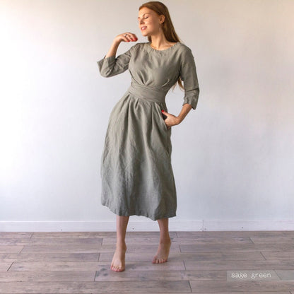 LINEN DRESS long midcalf belt dress