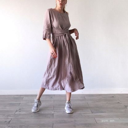 LINEN DRESS long midcalf belt dress