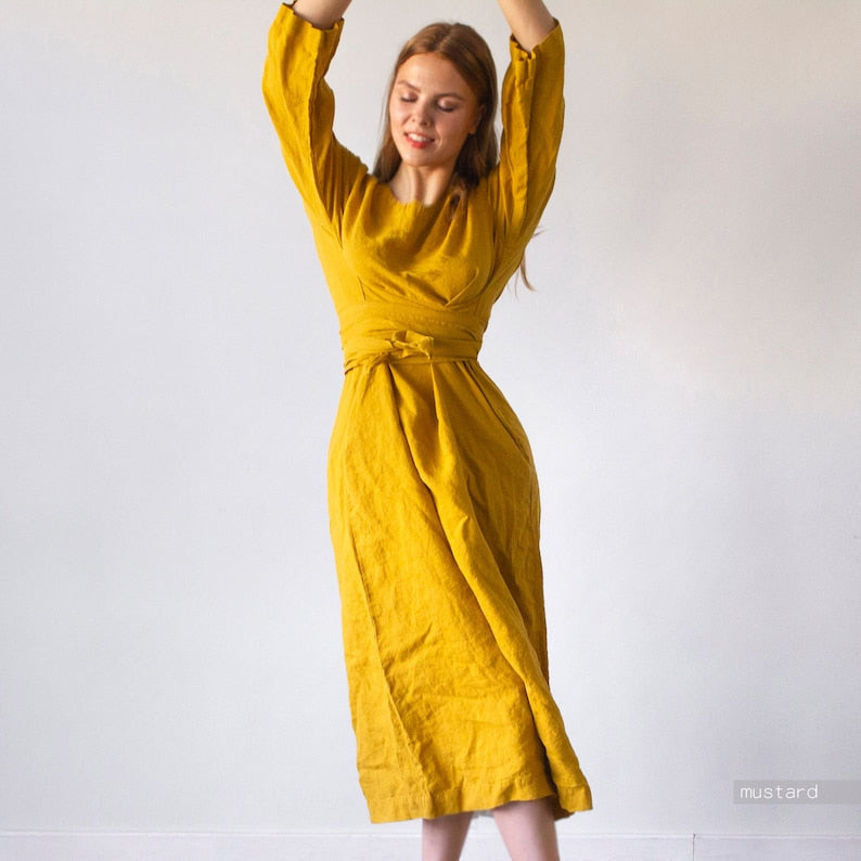 LINEN DRESS long midcalf belt dress