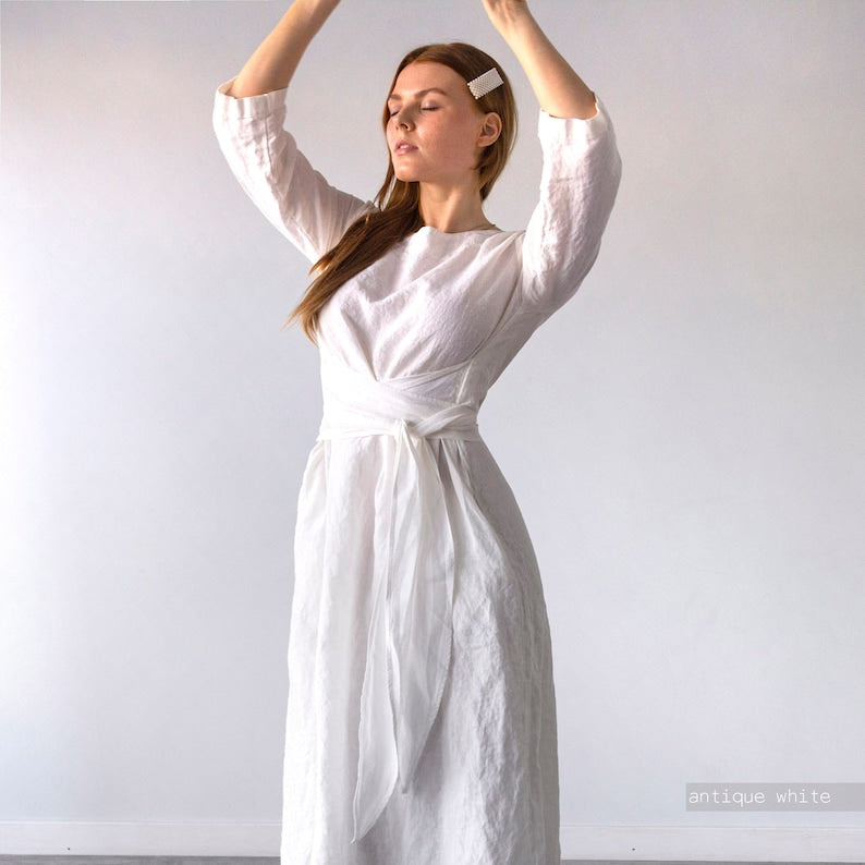 LINEN DRESS long midcalf belt dress