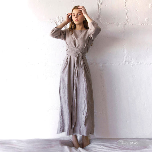 LINEN DRESS long midcalf belt dress