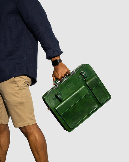 Munich Green - Double Compartment Leather Briefcase