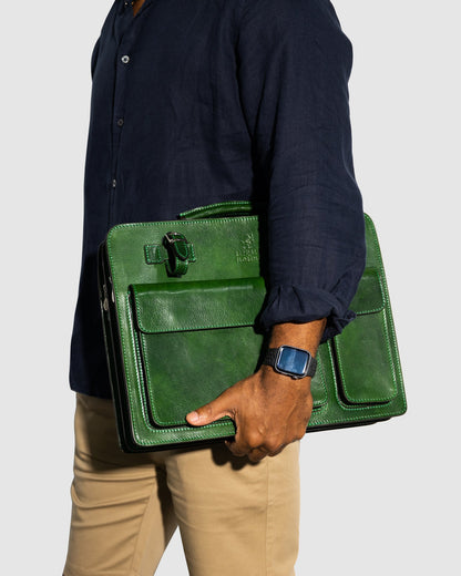 Munich Green - Double Compartment Leather Briefcase