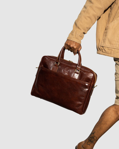 Tokyo Brown - Slim Leather Laptop Briefcase